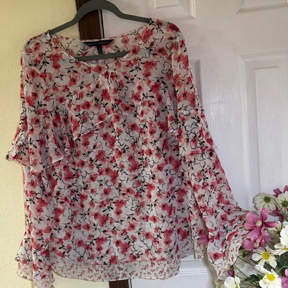 White House Black Market Pink Floral Sheer Ruffle Blouse - Picture 4 of 13